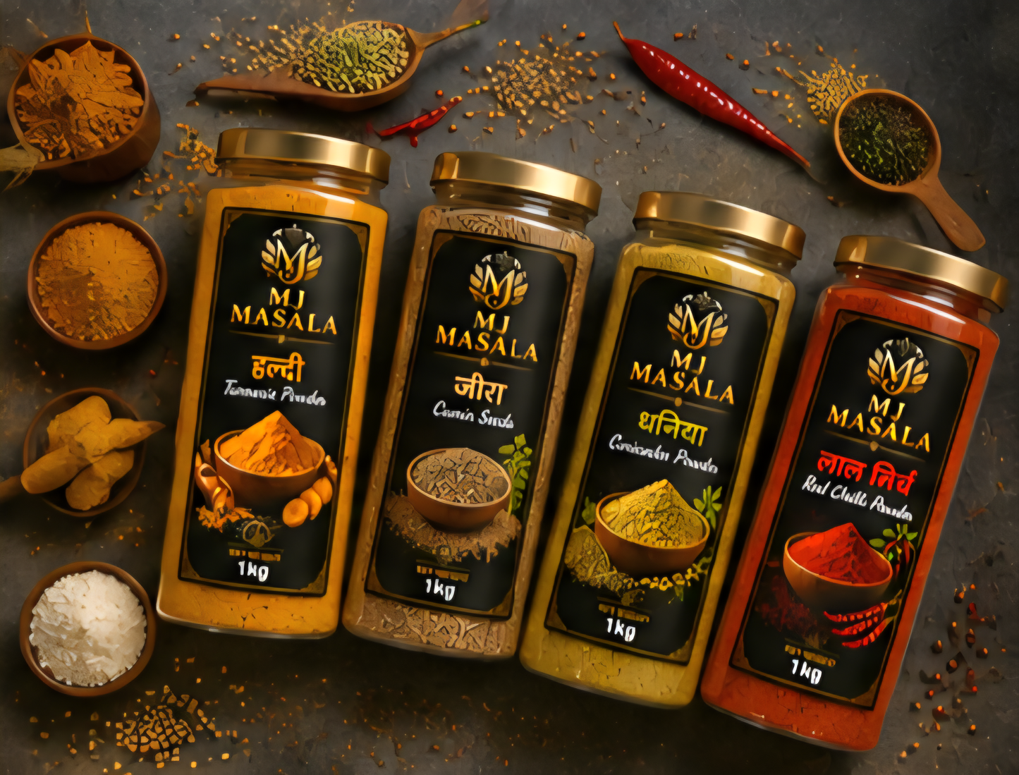 MJ Masala Joint Family Pack | 8 x 500G Premium Spices | Haldi, Dhaniya, Jeera & Lal Mirch | 4 KG Combo | FREE Electric Masala Grinder
