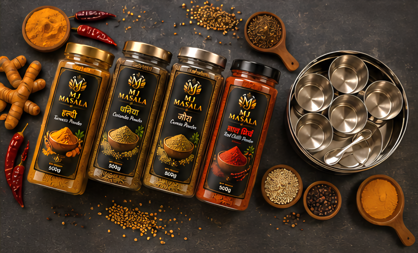 MJ Masala Family Pack | 4 x 500g Premium Spices | Haldi, Dhaniya, Jeera & Lal Mirch | 2 KG Combo | FREE Stainless Steel Masala Box