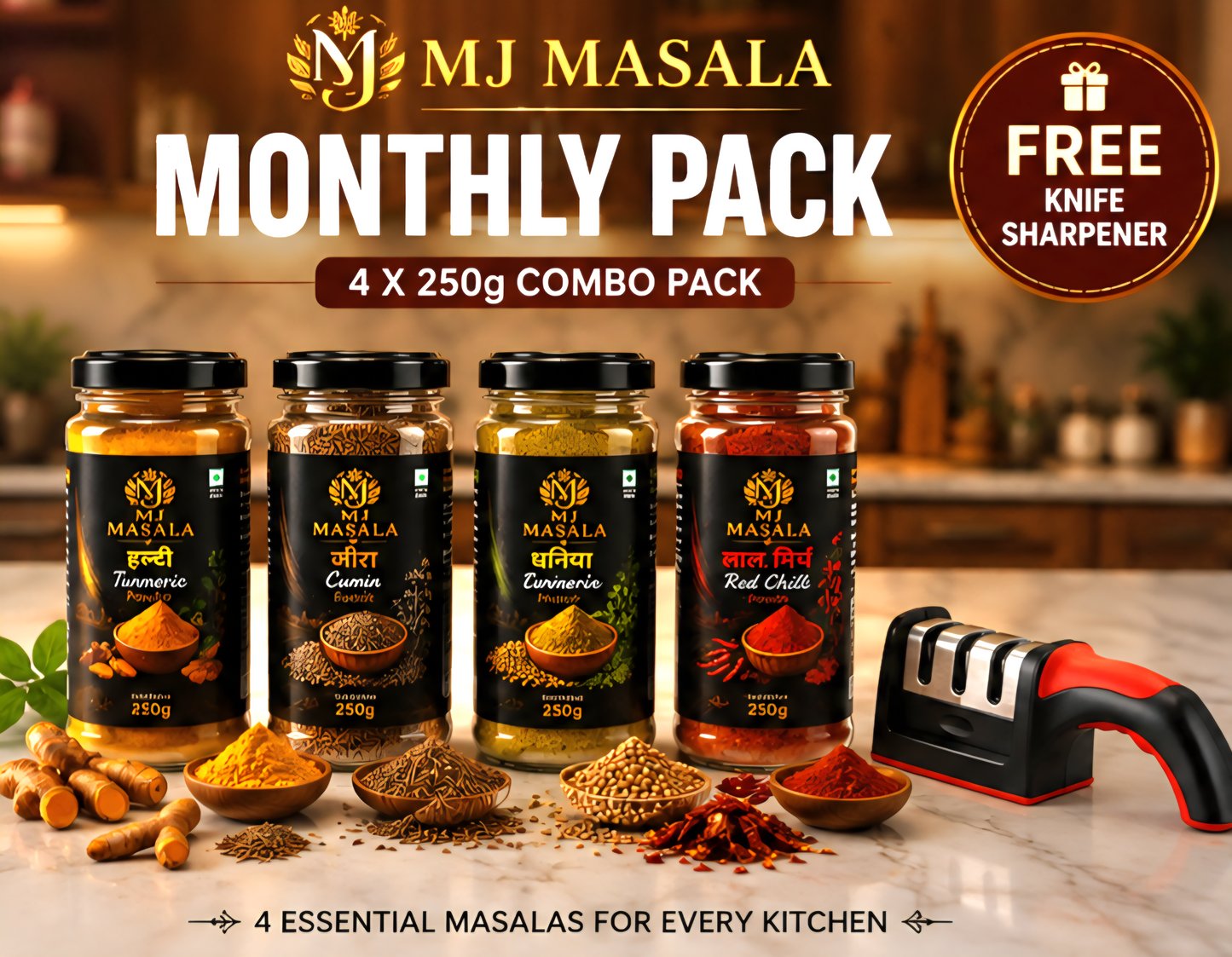 MJ Masala Monthly Family Pack | 4 × 250g Premium Spices | Haldi, Dhaniya, Jeera & Lal Mirch | FREE Knife Sharpener