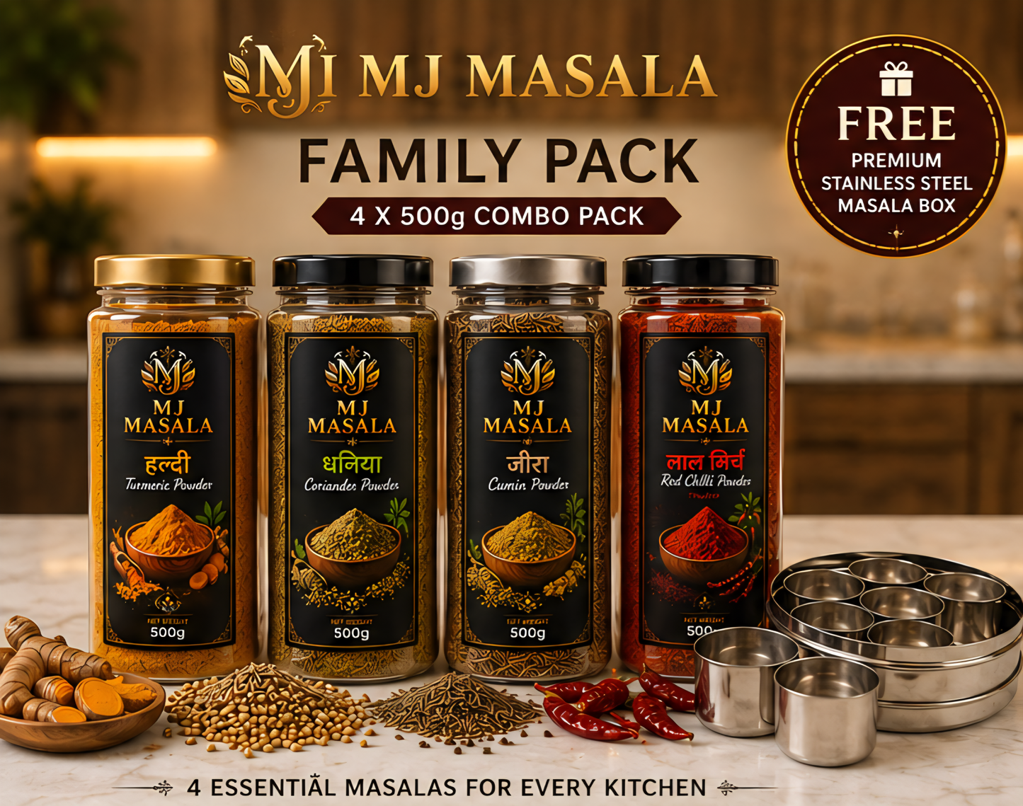 MJ Masala Family Pack | 4 x 500g Premium Spices | Haldi, Dhaniya, Jeera & Lal Mirch | 2 KG Combo | FREE Stainless Steel Masala Box