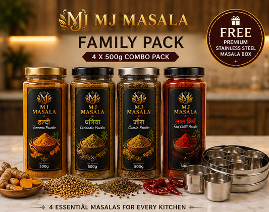 MJ Masala Family Pack | 4 x 500g Premium Spices | Haldi, Dhaniya, Jeera & Lal Mirch | 2 KG Combo | FREE Stainless Steel Masala Box