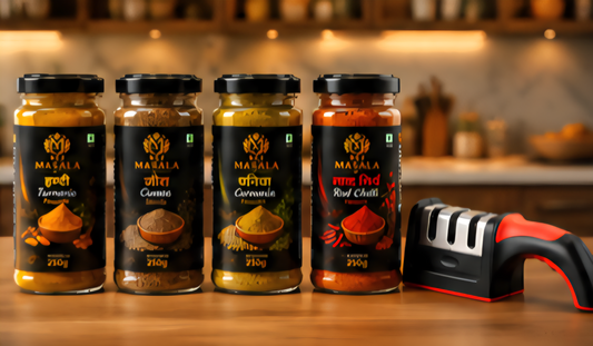 MJ Masala Monthly Family Pack | 4 × 250g Premium Spices | Haldi, Dhaniya, Jeera & Lal Mirch | FREE Knife Sharpener
