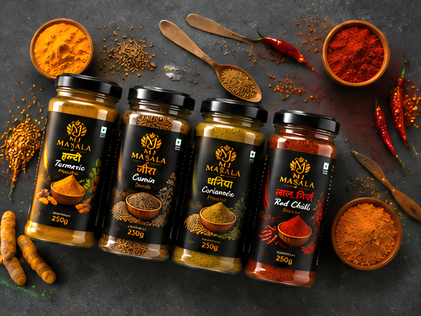 MJ Masala Monthly Family Pack | 4 × 250g Premium Spices | Haldi, Dhaniya, Jeera & Lal Mirch | FREE Knife Sharpener