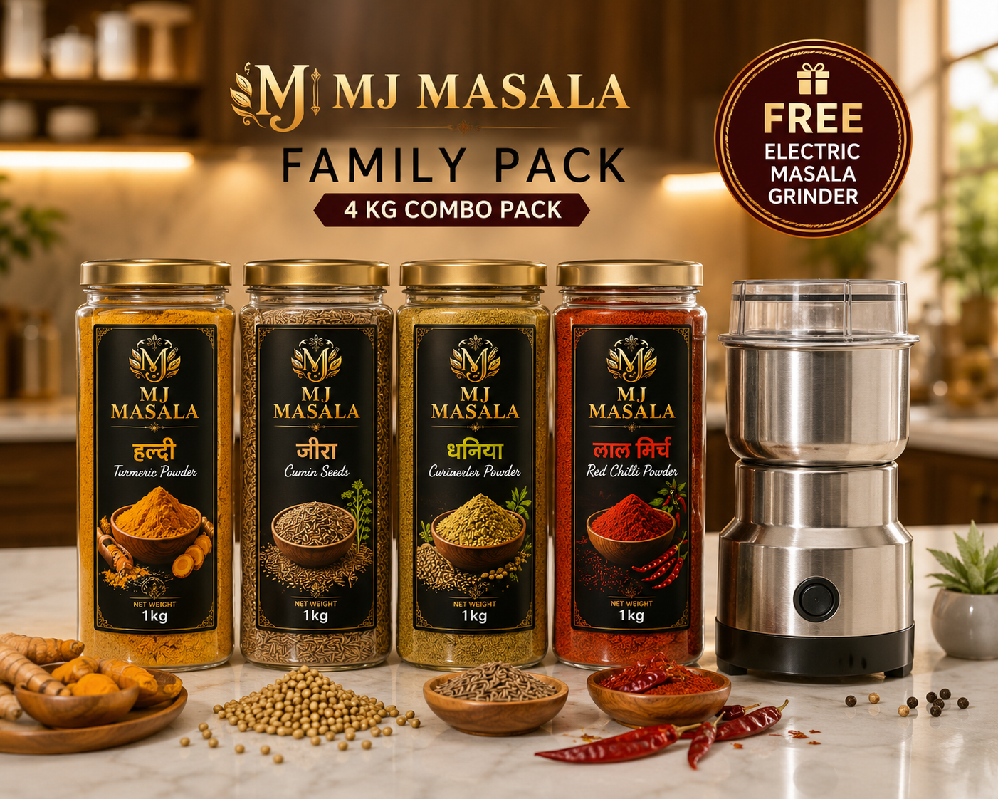 MJ Masala Joint Family Pack | 8 x 500G Premium Spices | Haldi, Dhaniya, Jeera & Lal Mirch | 4 KG Combo | FREE Electric Masala Grinder