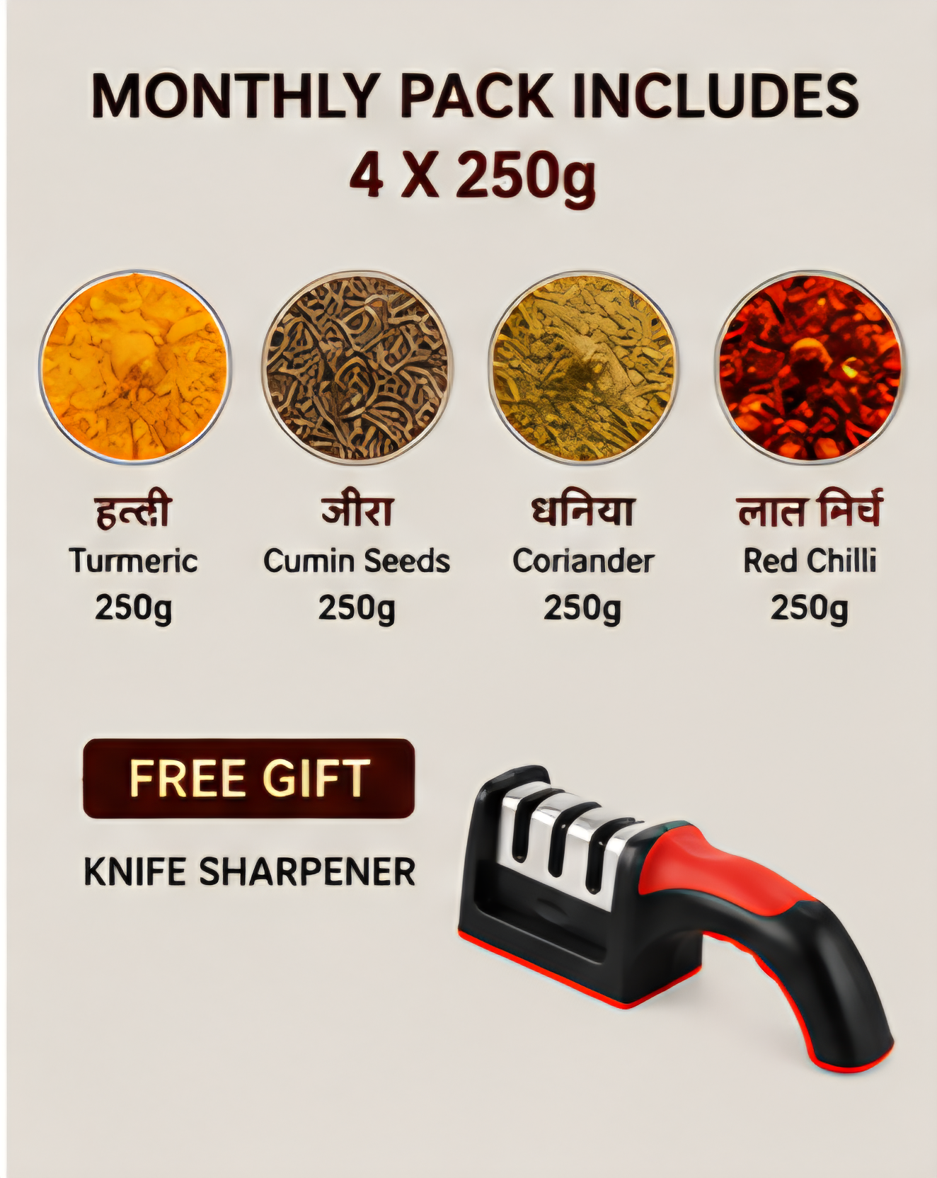 MJ Masala Monthly Family Pack | 4 × 250g Premium Spices | Haldi, Dhaniya, Jeera & Lal Mirch | FREE Knife Sharpener