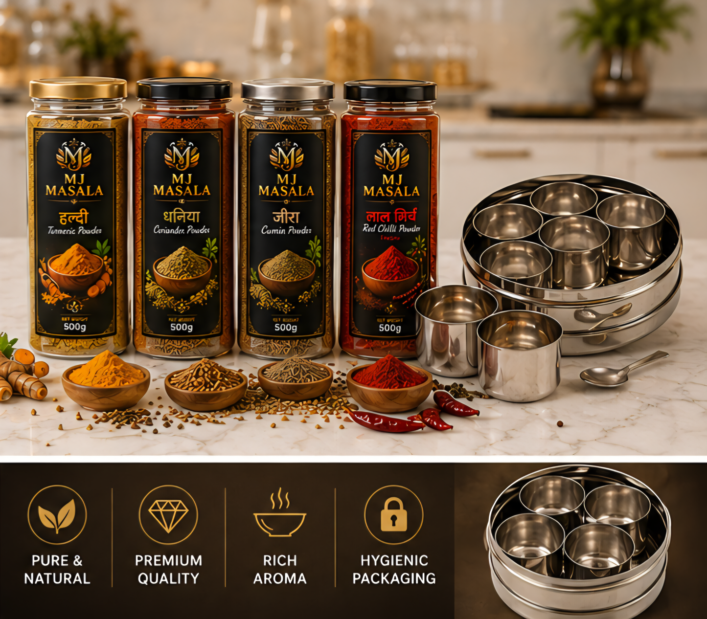 MJ Masala Family Pack | 4 x 500g Premium Spices | Haldi, Dhaniya, Jeera & Lal Mirch | 2 KG Combo | FREE Stainless Steel Masala Box