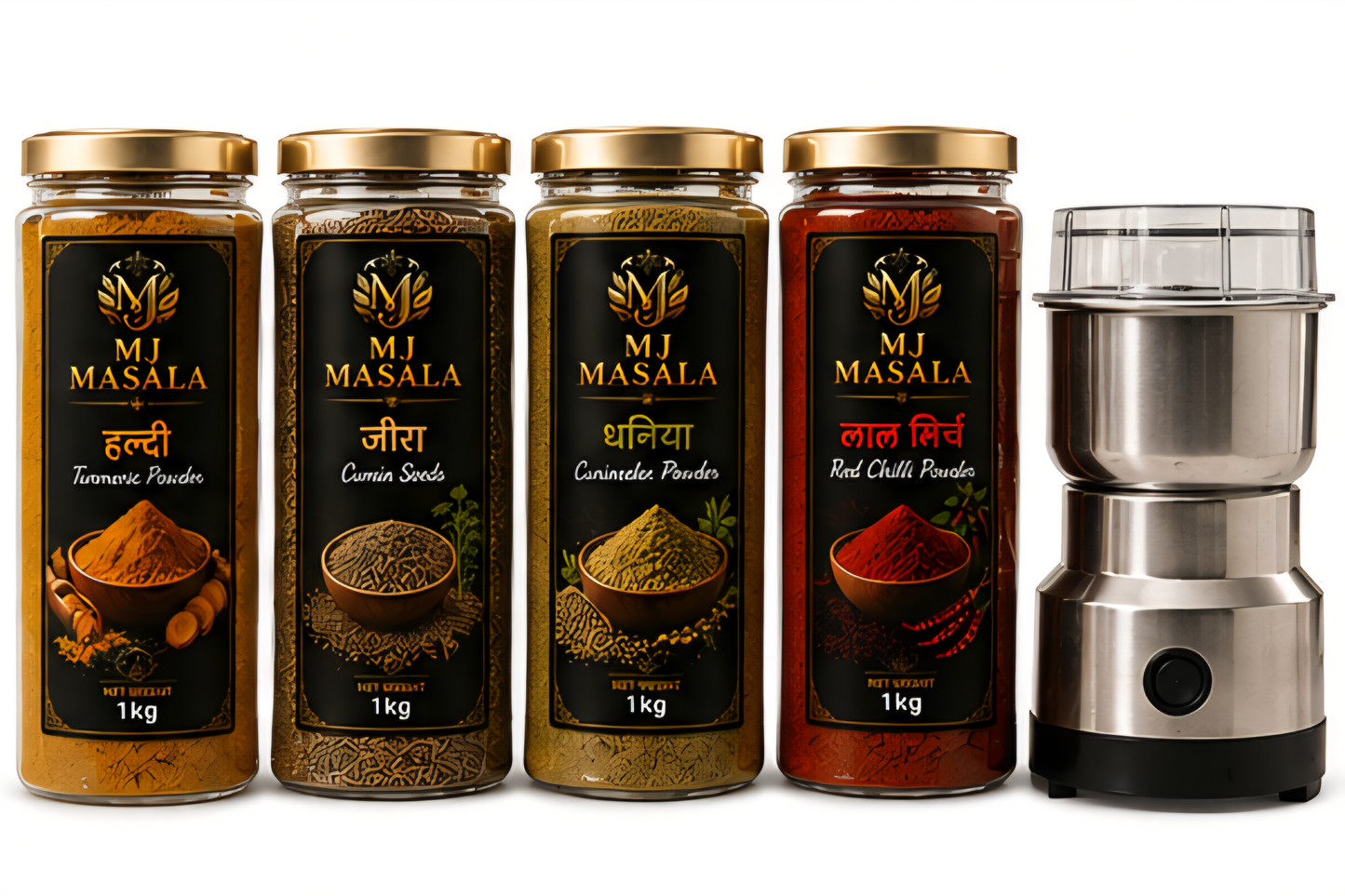 MJ Masala Joint Family Pack | 8 x 500G Premium Spices | Haldi, Dhaniya, Jeera & Lal Mirch | 4 KG Combo | FREE Electric Masala Grinder