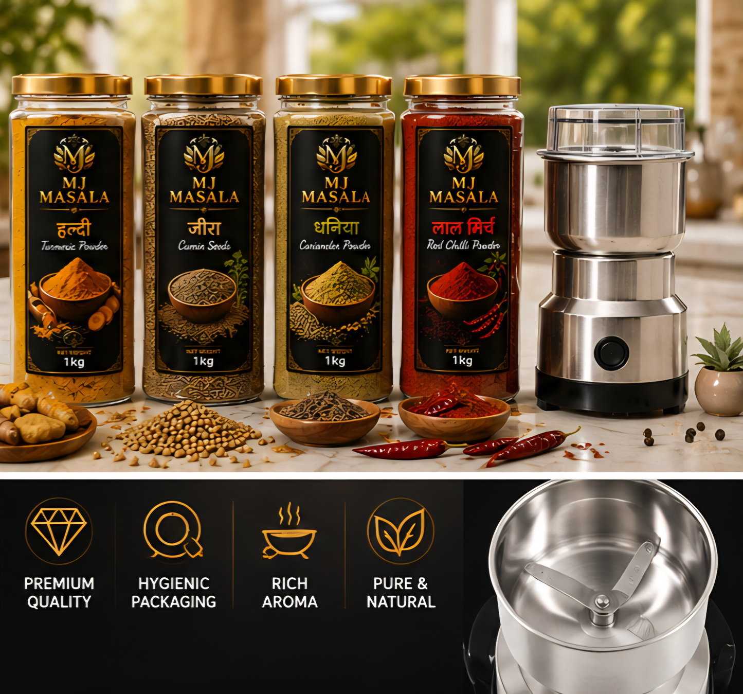 MJ Masala Joint Family Pack | 8 x 500G Premium Spices | Haldi, Dhaniya, Jeera & Lal Mirch | 4 KG Combo | FREE Electric Masala Grinder