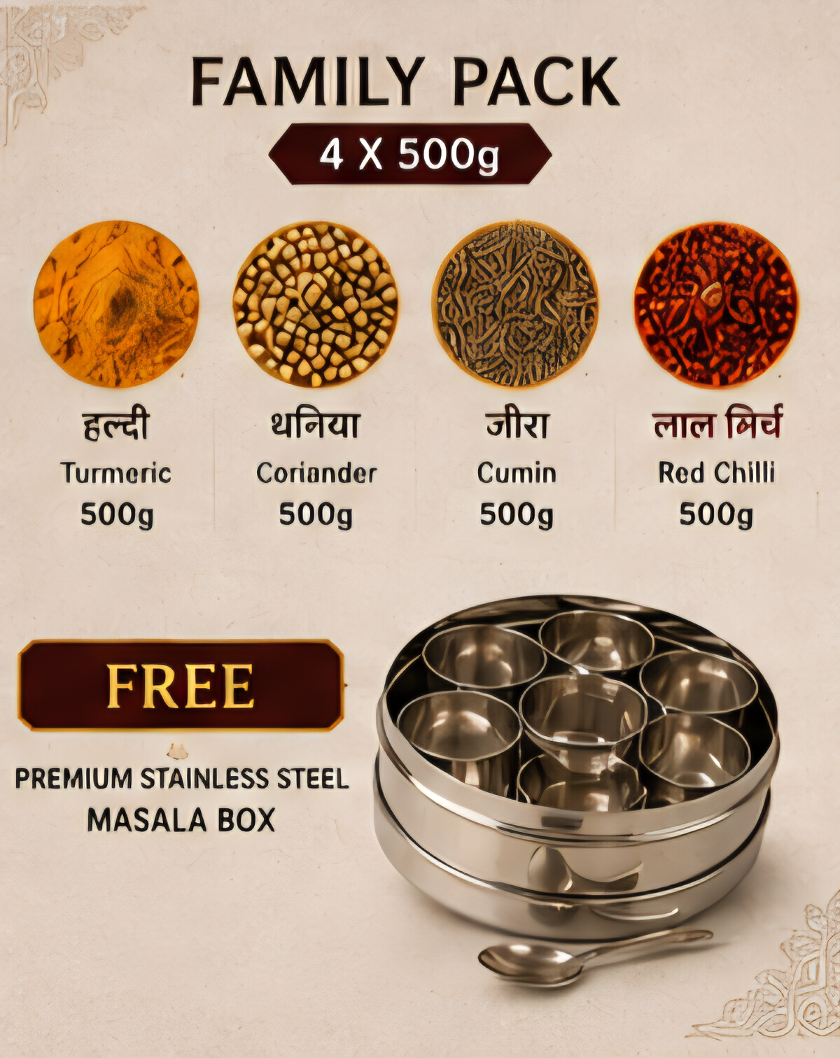 MJ Masala Family Pack | 4 x 500g Premium Spices | Haldi, Dhaniya, Jeera & Lal Mirch | 2 KG Combo | FREE Stainless Steel Masala Box