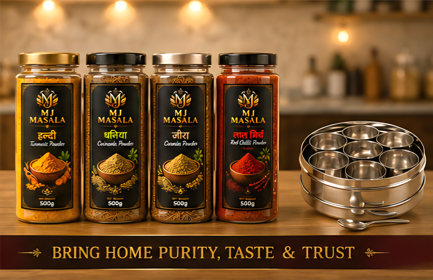 MJ Masala Family Pack | 4 x 500g Premium Spices | Haldi, Dhaniya, Jeera & Lal Mirch | 2 KG Combo | FREE Stainless Steel Masala Box